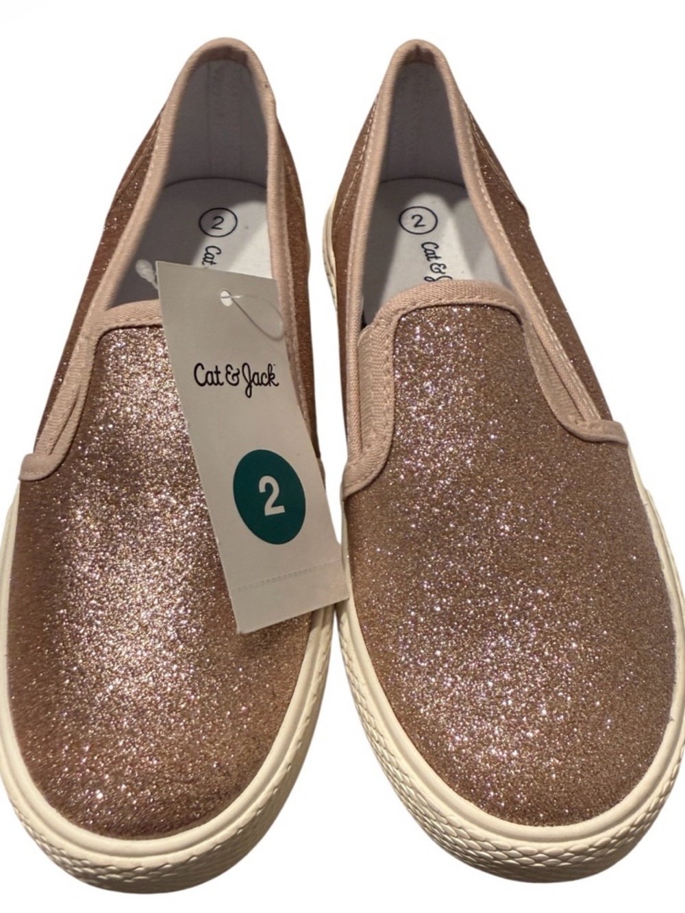 Cat & Jack Glitter Slip-On Sneakers Girls Size 2 Rose Gold Sparkle Casual Shoes